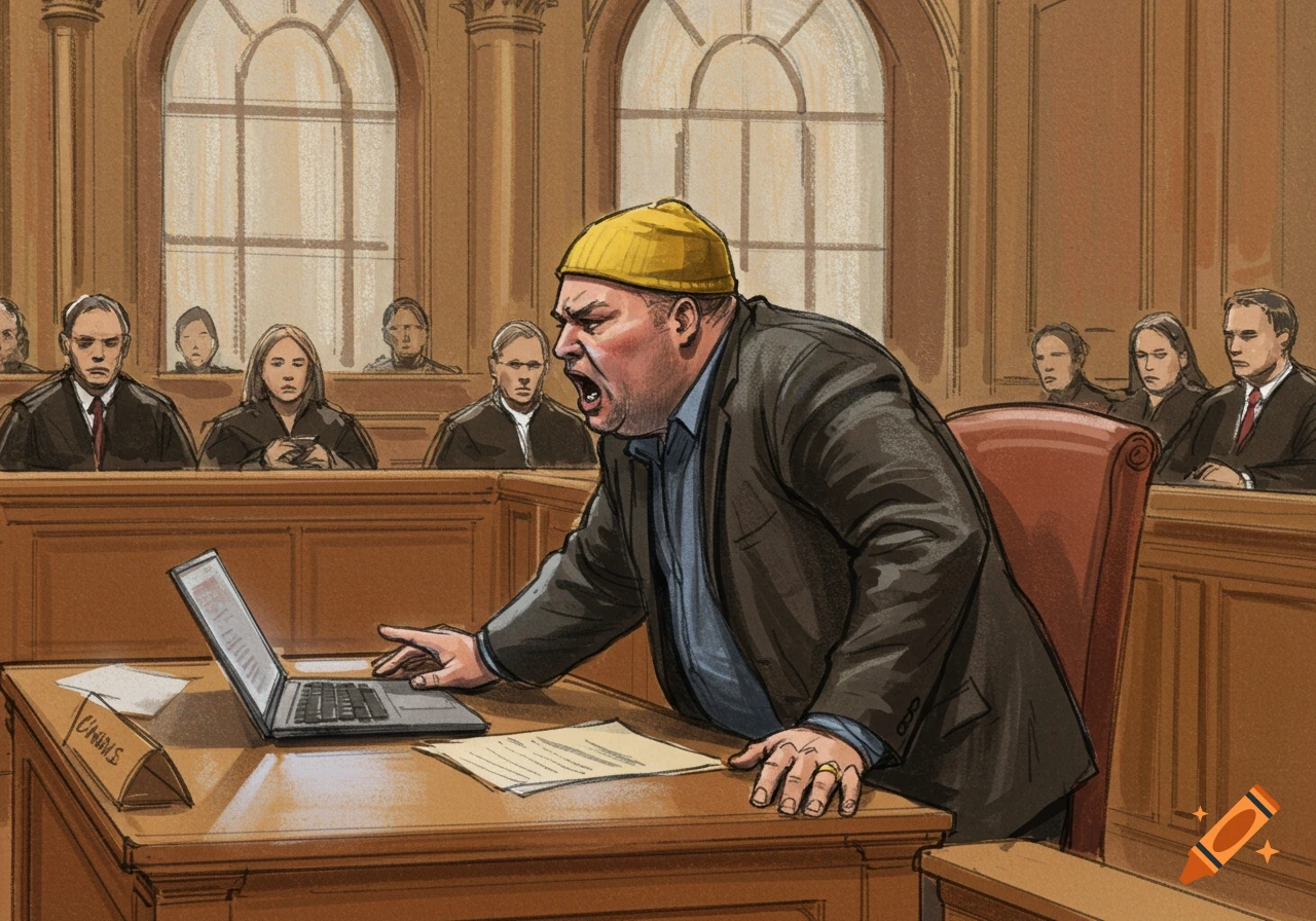 Courtroom sketch of a man in a yellow beanie yelling while pointing at a laptop on a wooden desk.