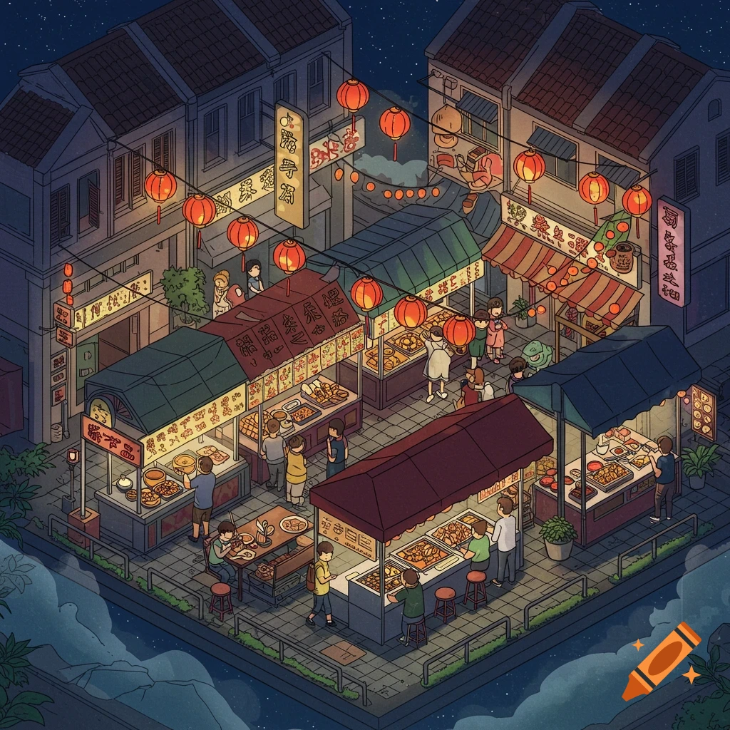 Isometric illustration of a bustling night hawker food market in Singapore, illuminated by red lanterns.