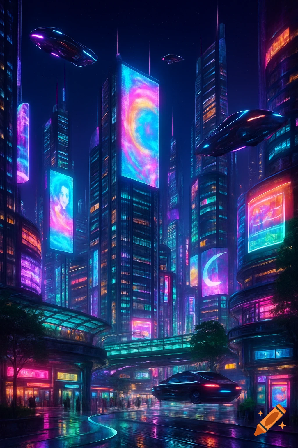 A vibrant cyberpunk city at night with neon-lit skyscrapers, holographic billboards, flying vehicles, and wet, reflective streets.