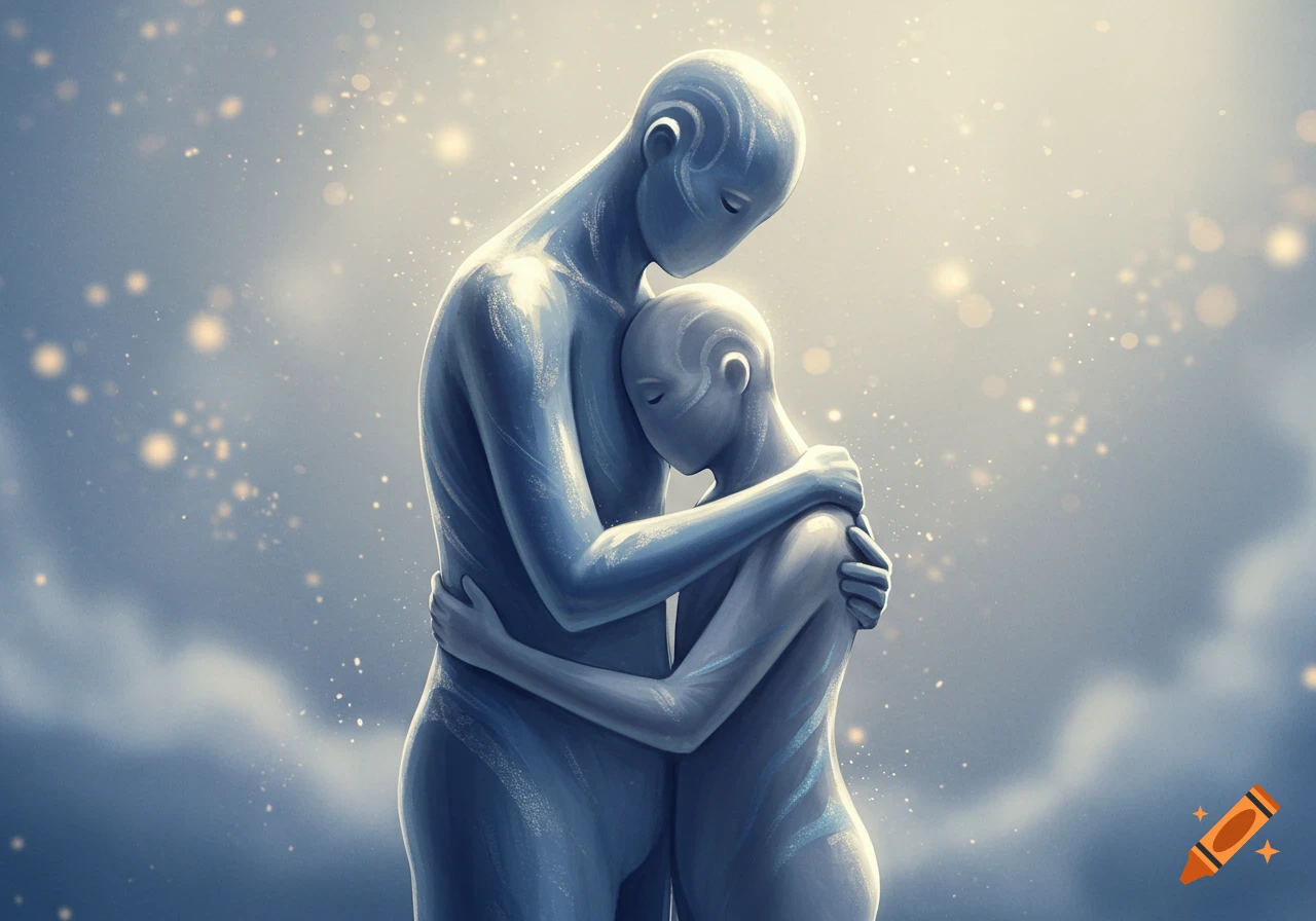 Stylized luminous blue figures embracing against a sparkling light background, digital art.