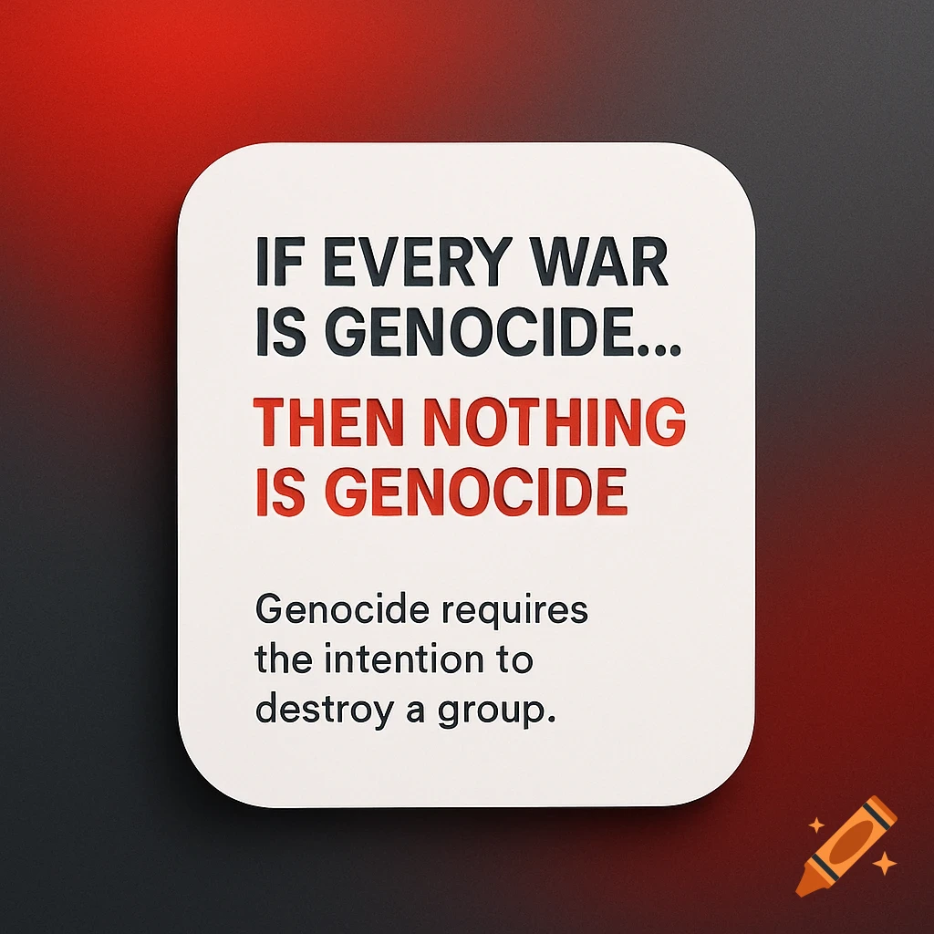 A white rounded card with text 'IF EVERY WAR IS GENOCIDE… THEN NOTHING IS GENOCIDE' and 'Genocide requires the intention to destroy a group.' on a red and gray gradient background.