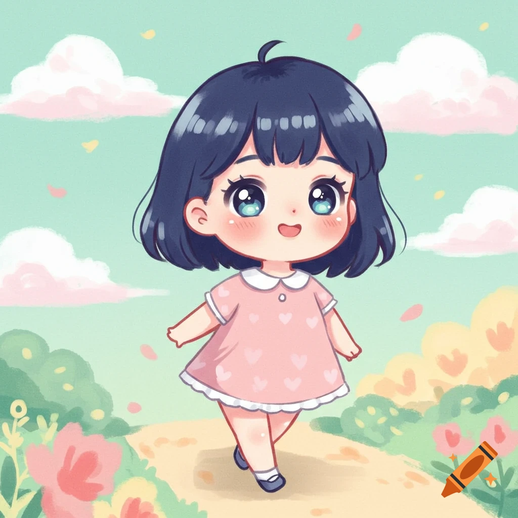 A sweet chibi-style girl with dark hair, sparkling blue eyes, and rosy cheeks, wearing a pink dress, walks on a stylized path in a pastel landscape.