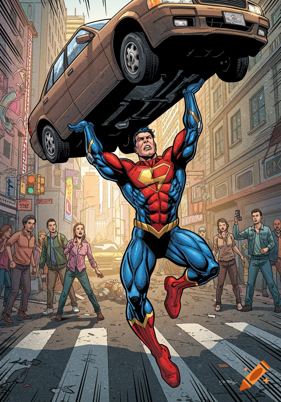 A muscular comic book superhero in a red and blue suit lifts a brown car above his head in a city street, with surprised onlookers.