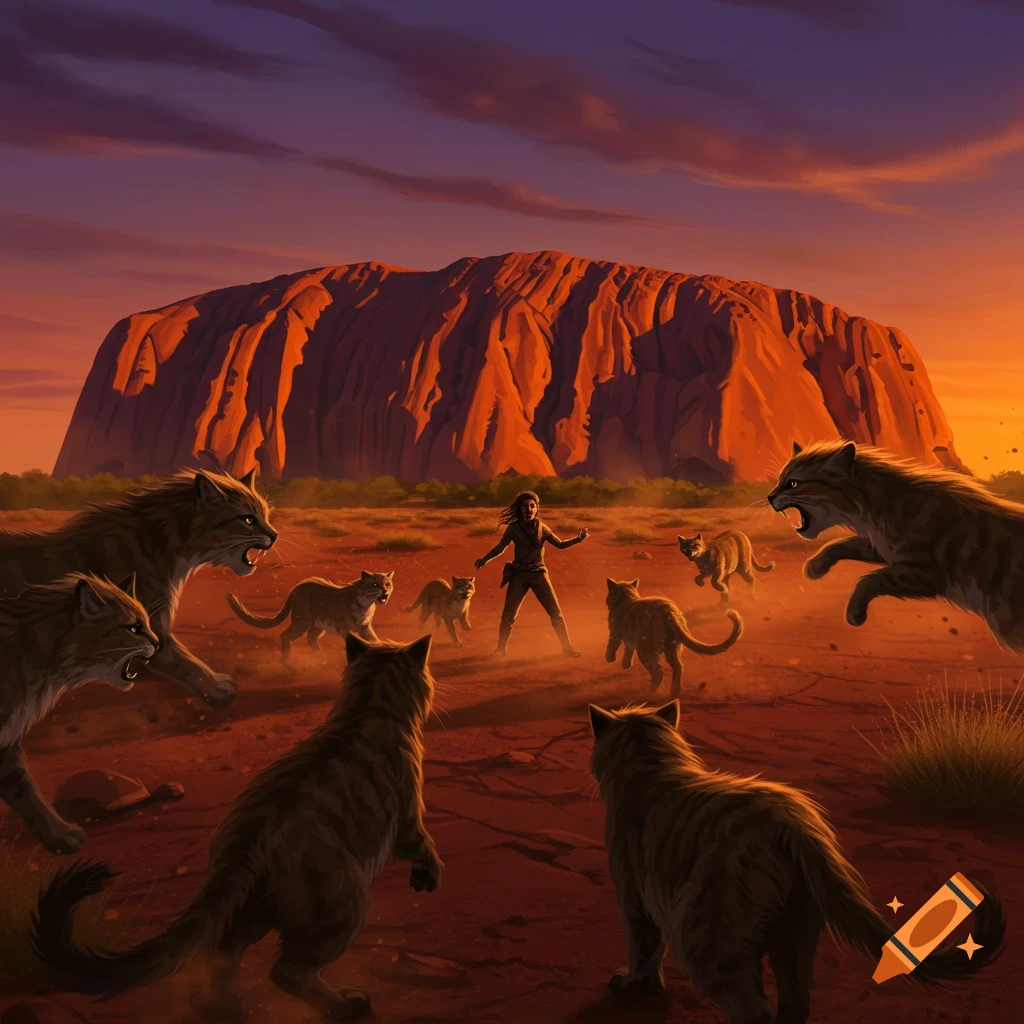 A person confronts a pack of feral cats in a desert landscape with Uluru in the background at sunset, in a dramatic, illustrative style.