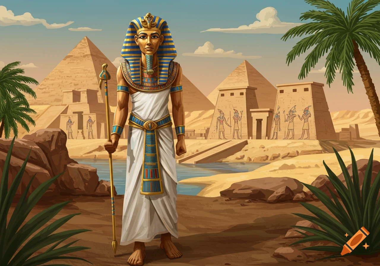 An Egyptian pharaoh holding a staff stands in a desert landscape with pyramids, temples, and palm trees, in an illustrative style.
