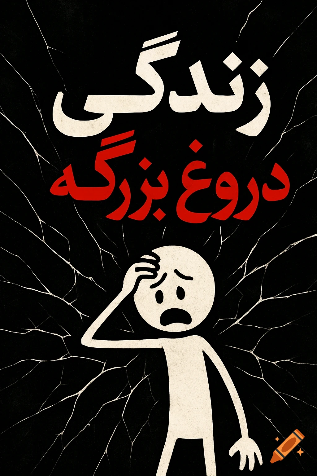 A black poster with white and red Persian text 'زندگی دروغ بزرگه' (Life is a big lie) above a distressed stick figure with cracked lines.