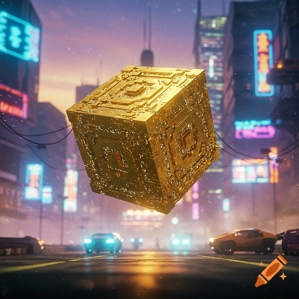 A golden metallic cube with glowing geometric engravings floats in a detailed cyberpunk city with flying cars and neon signs at dusk.