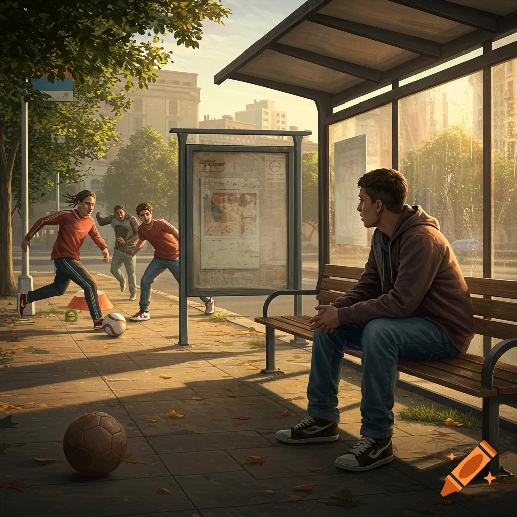 Young man sits at an urban bus stop, watching other young men play soccer in late afternoon sunlight.