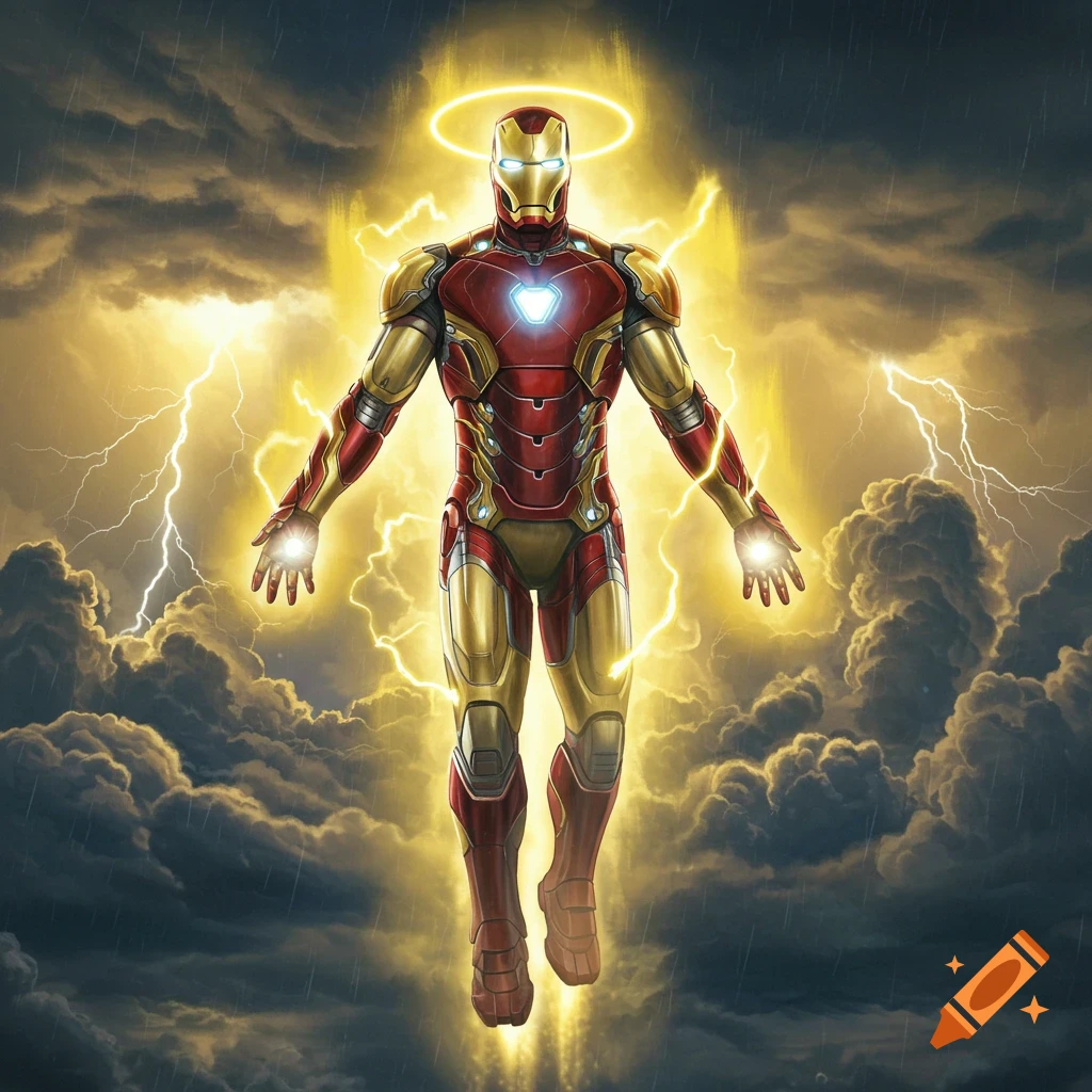 Iron Man floats amidst a stormy sky with lightning, emanating golden energy and wearing a halo, in a comic art style.