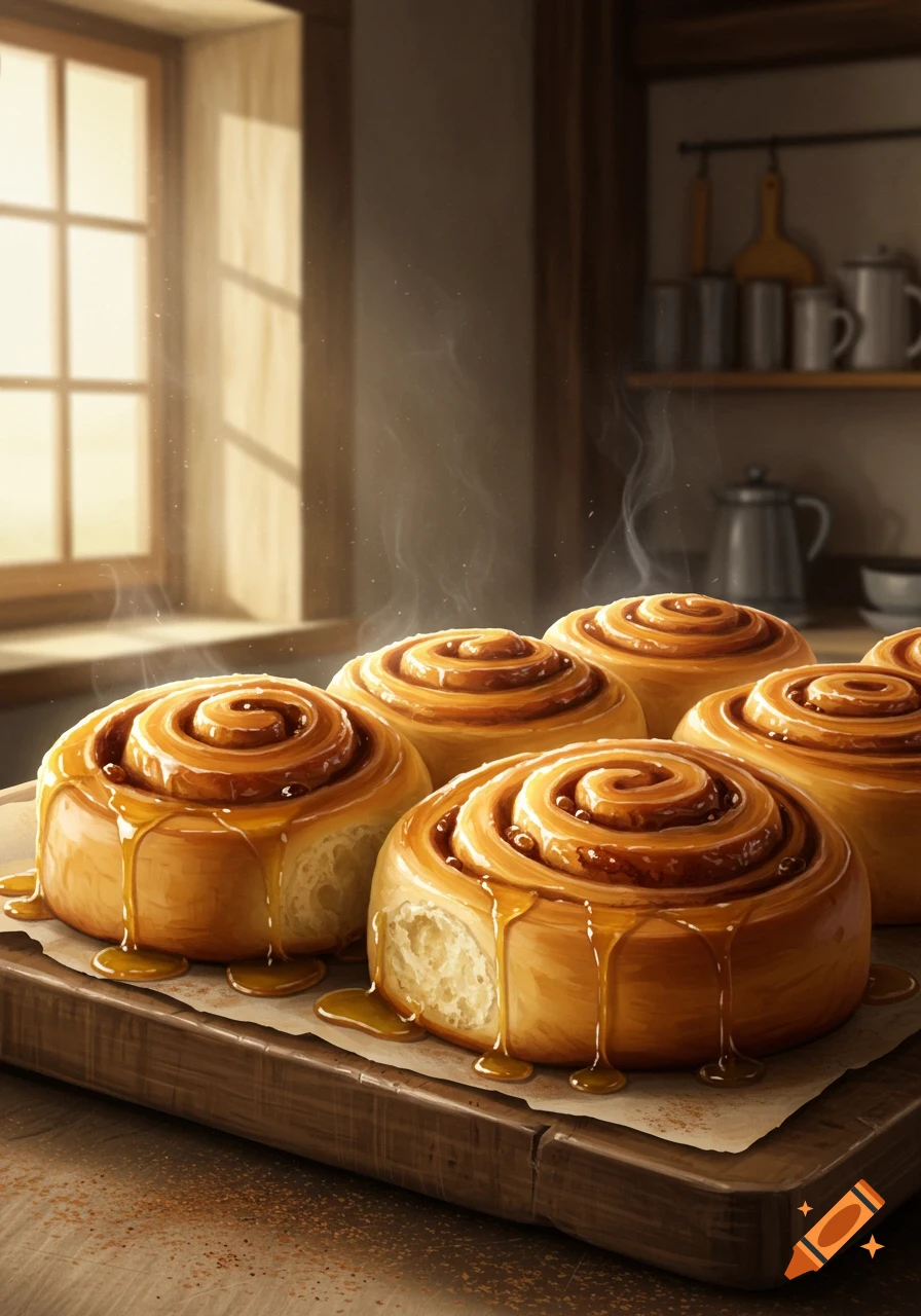 Warm, photorealistic glazed honeybun rolls on a wooden board, steaming in a sunlit kitchen.