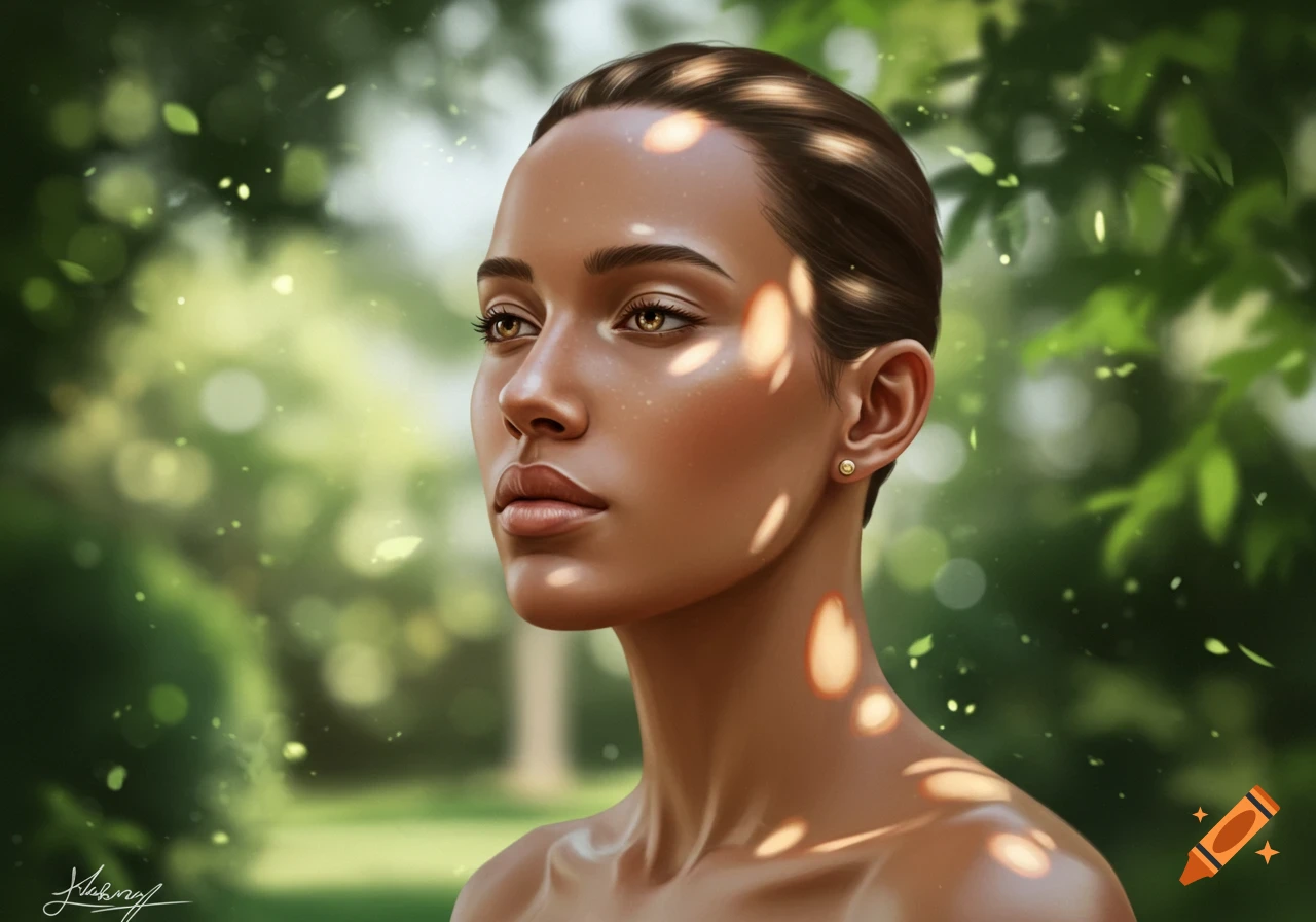 A woman with bare shoulders and dark hair looks to the left, dappled sunlight on her face in a lush green garden.