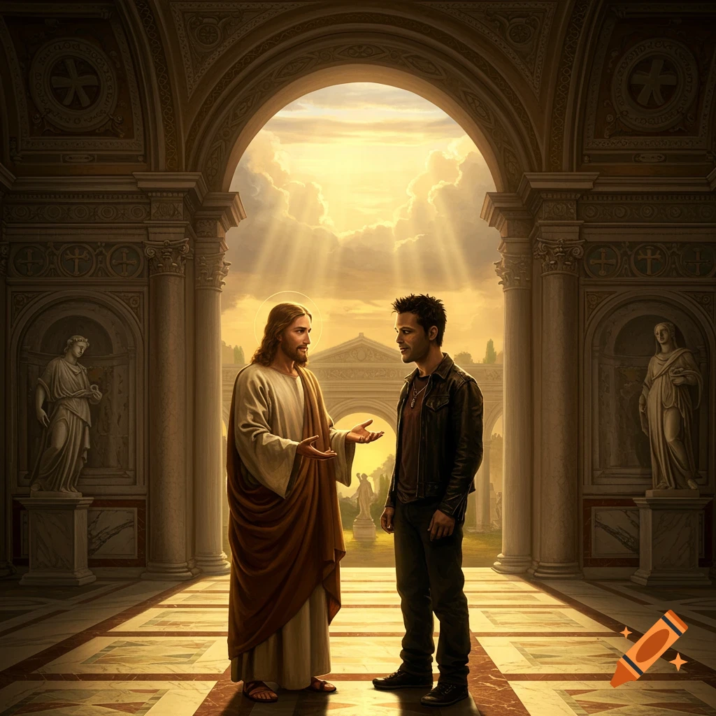 Jesus and a man in modern clothing talking in a grand hall with light streaming from an archway, in a photorealistic style.