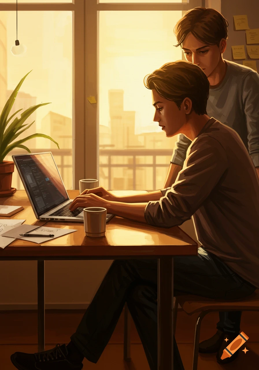 Illustration of two men, one typing on a laptop at a table with a mug, the other looking over his shoulder. Warm light streams through a window overlooking a city.