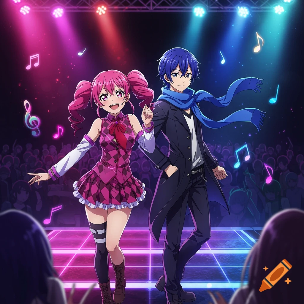 Anime characters, a pink-haired girl and a blue-haired boy, perform on a neon-lit stage with musical notes and spotlights.