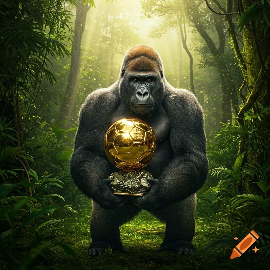 A majestic gorilla holds a gleaming golden football trophy in a lush, sun-dappled jungle.