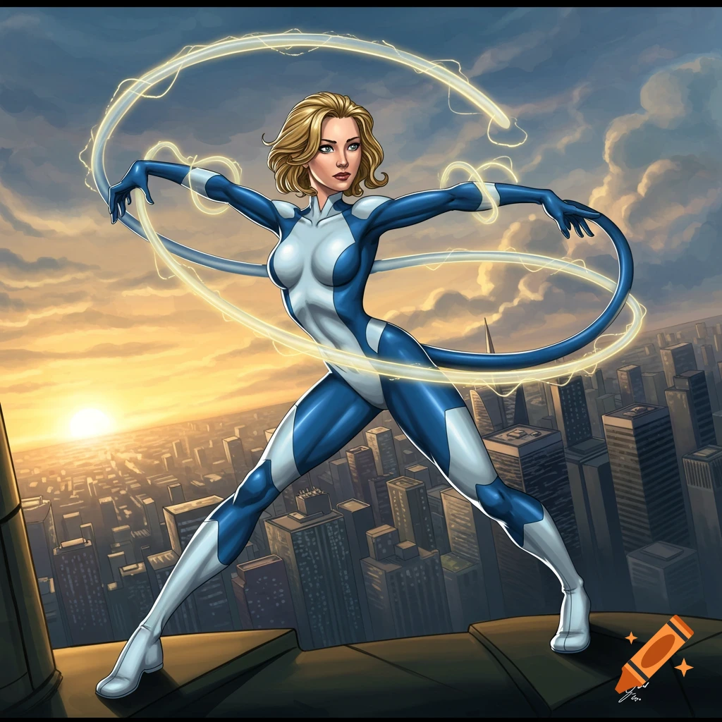 Blonde superhero in blue and white suit with glowing elastic tendrils on a city rooftop at sunset, comic art style.