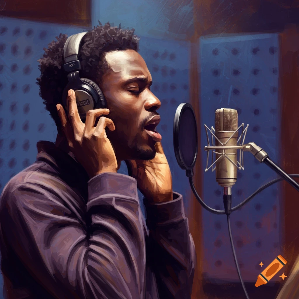 Impressionistic painting of a Black man with headphones singing into a microphone in a recording studio.