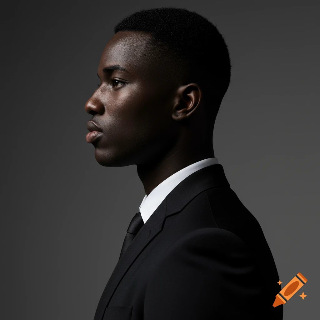 Profile portrait of a confident young Black man in an elegant black suit on a minimalist studio background.