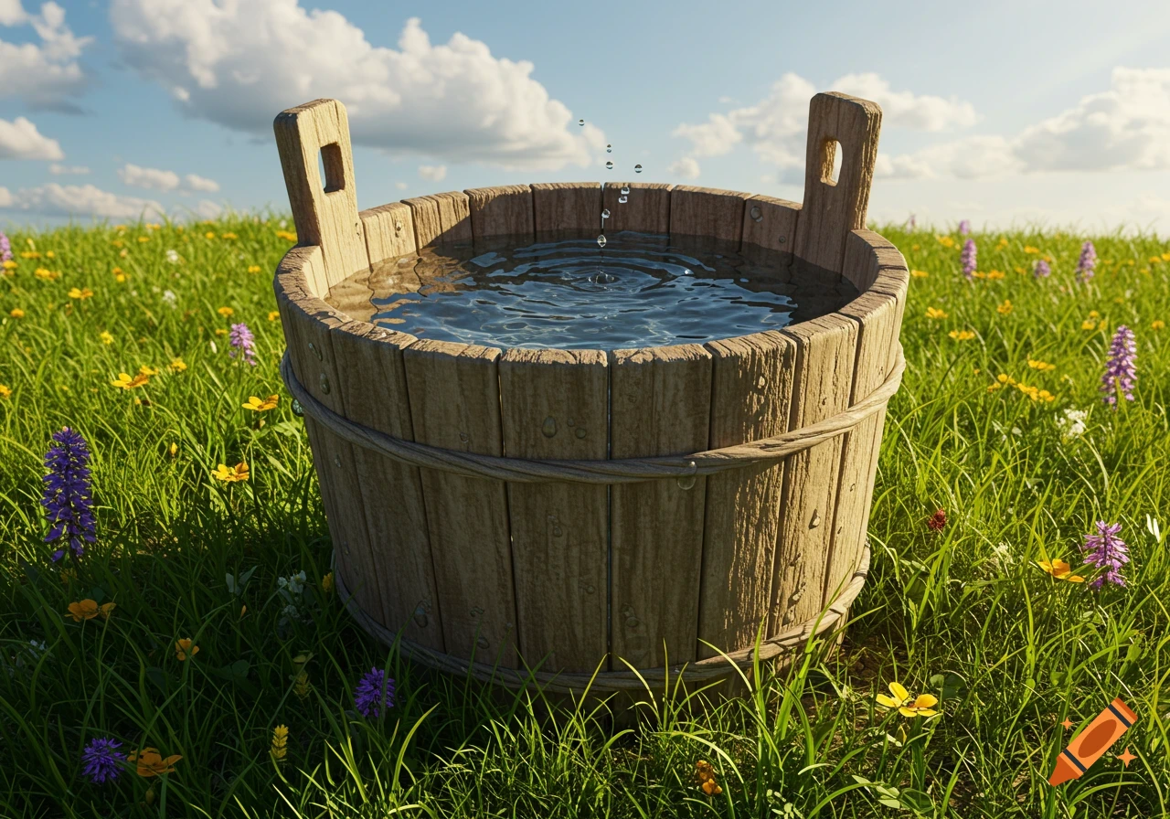 Photorealistic image of a wooden bucket filled with water, with drops splashing, in a sunny wildflower field under a blue sky.