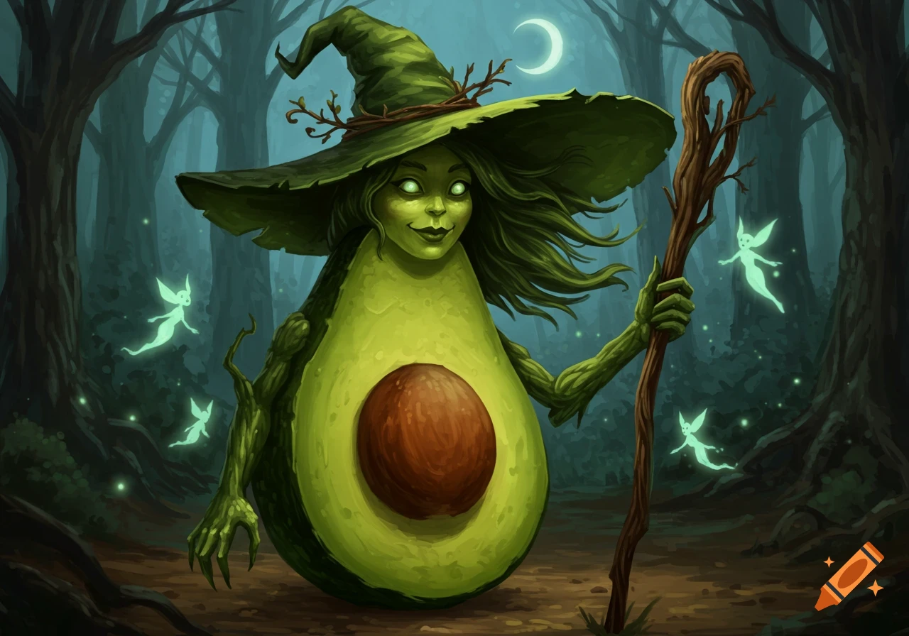 Whimsical fantasy painting of an avocado witch with a green hat, staff, glowing eyes, and fairies in a dark forest.