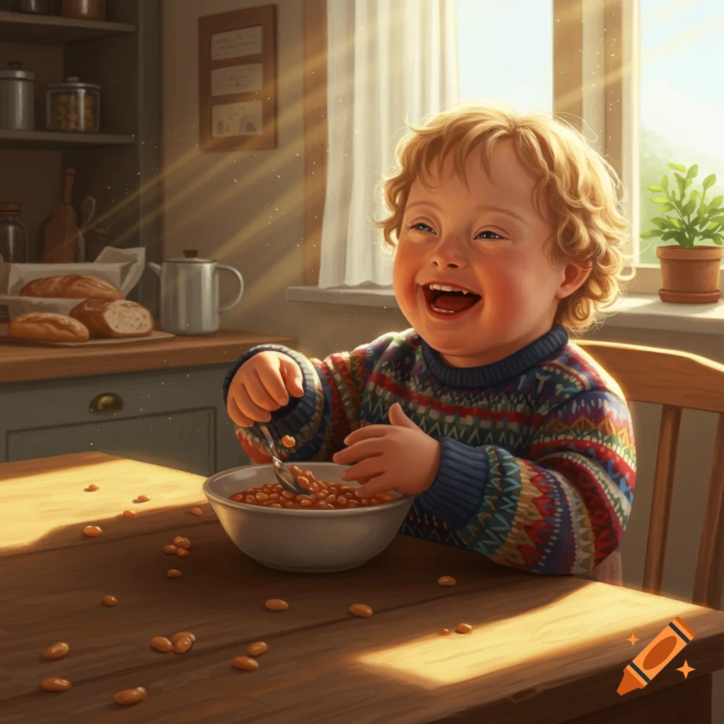 A laughing child with Down syndrome eats baked beans at a sunny kitchen table, photorealistic style.