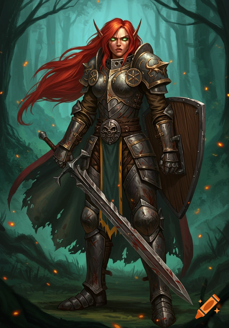 A fierce red-haired female paladin in battered plate armor, holding a blood-stained sword and shield in a dark forest. Fantasy art.