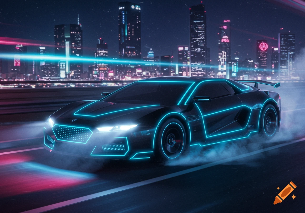 A sleek, black futuristic sports car with glowing blue neon outlines speeds through a neon-lit cyberpunk city at night.