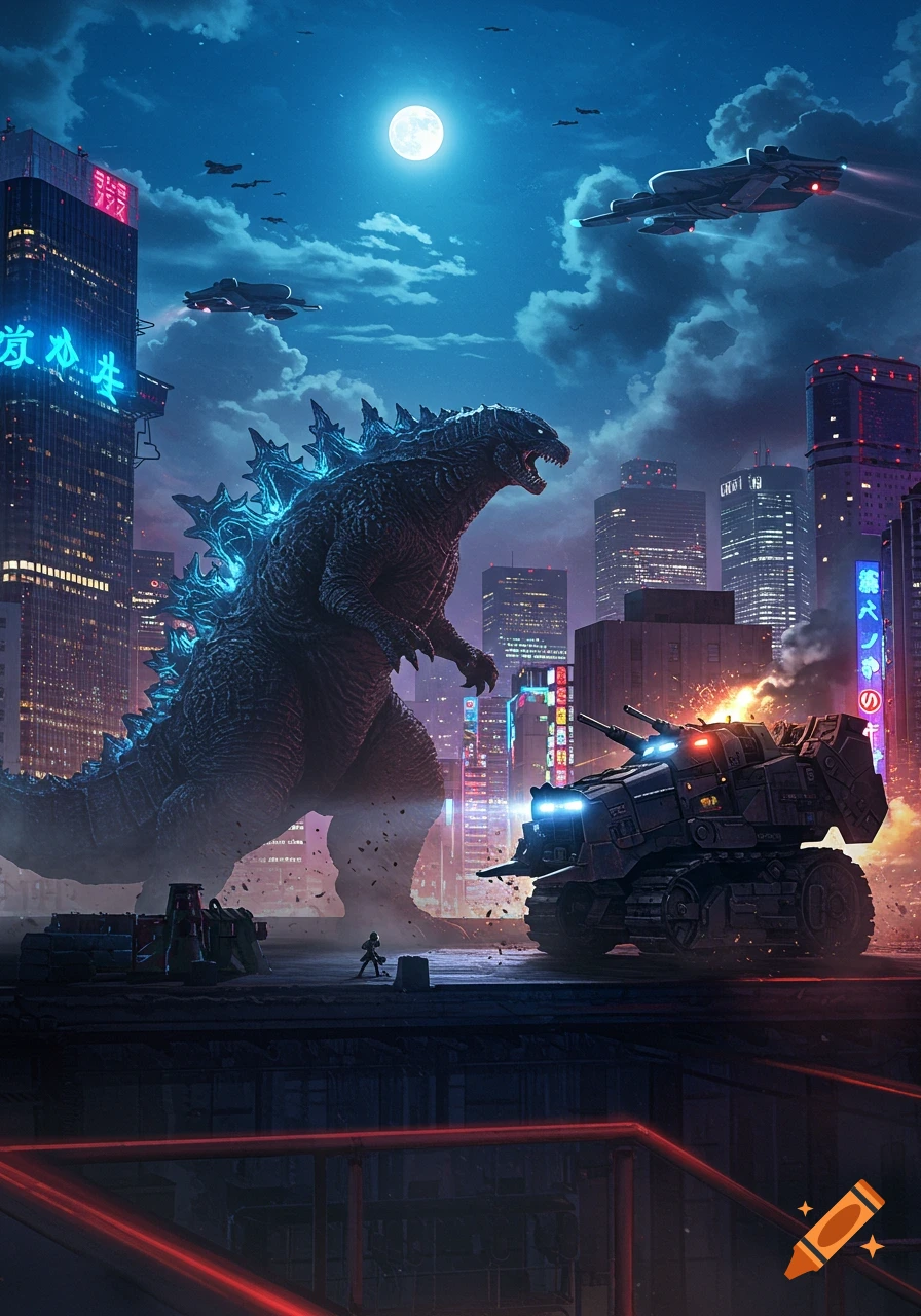 Godzilla battles a tank on a skyscraper rooftop in a neon-lit, futuristic city at night under a full moon.