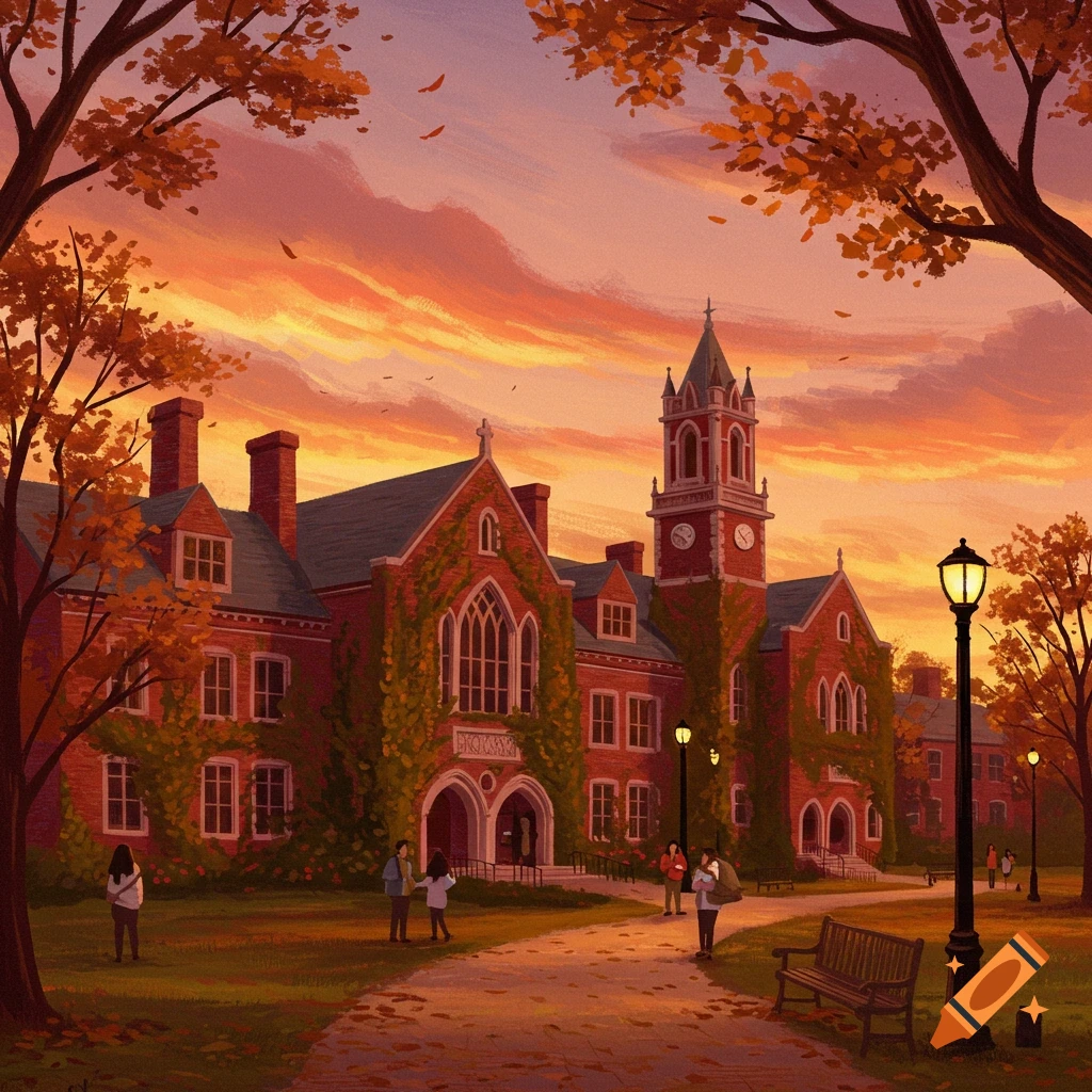 A picturesque university campus building with a clock tower, covered in autumn foliage, at sunset, with students walking around.