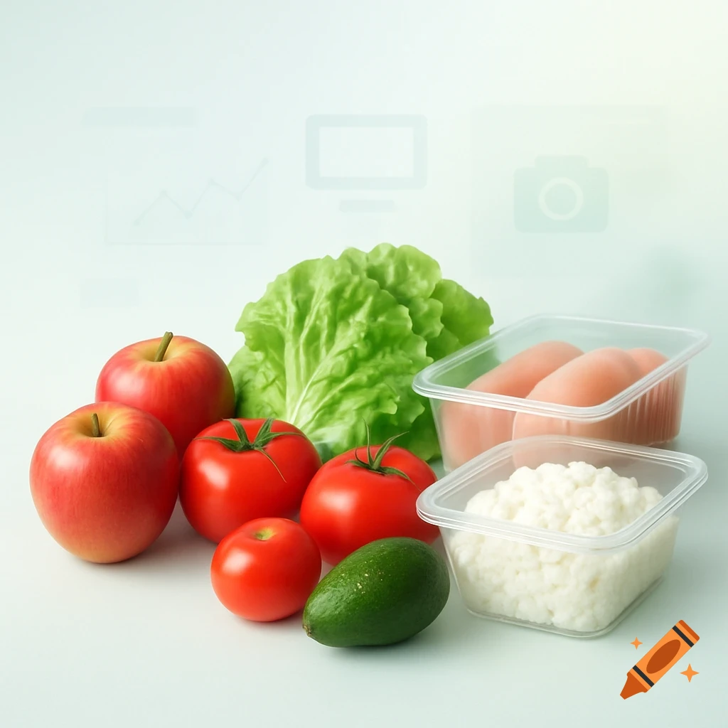 Fresh apples, tomatoes, lettuce, avocado, raw chicken, and cottage cheese on a light background with subtle tech icons.