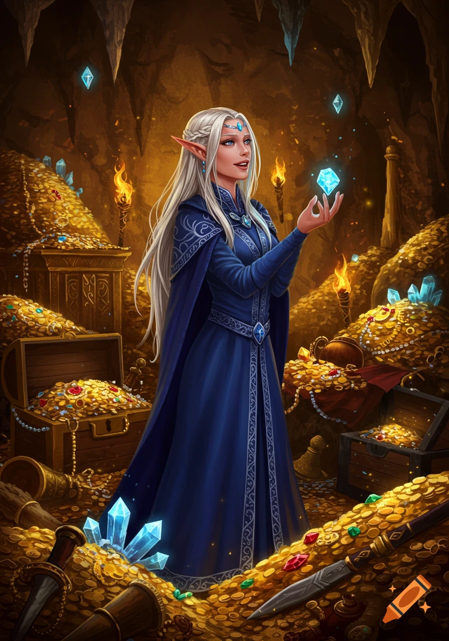 A white-haired elf in a blue robe stands in a treasure-filled cave, holding a glowing blue crystal. Stylized fantasy art.