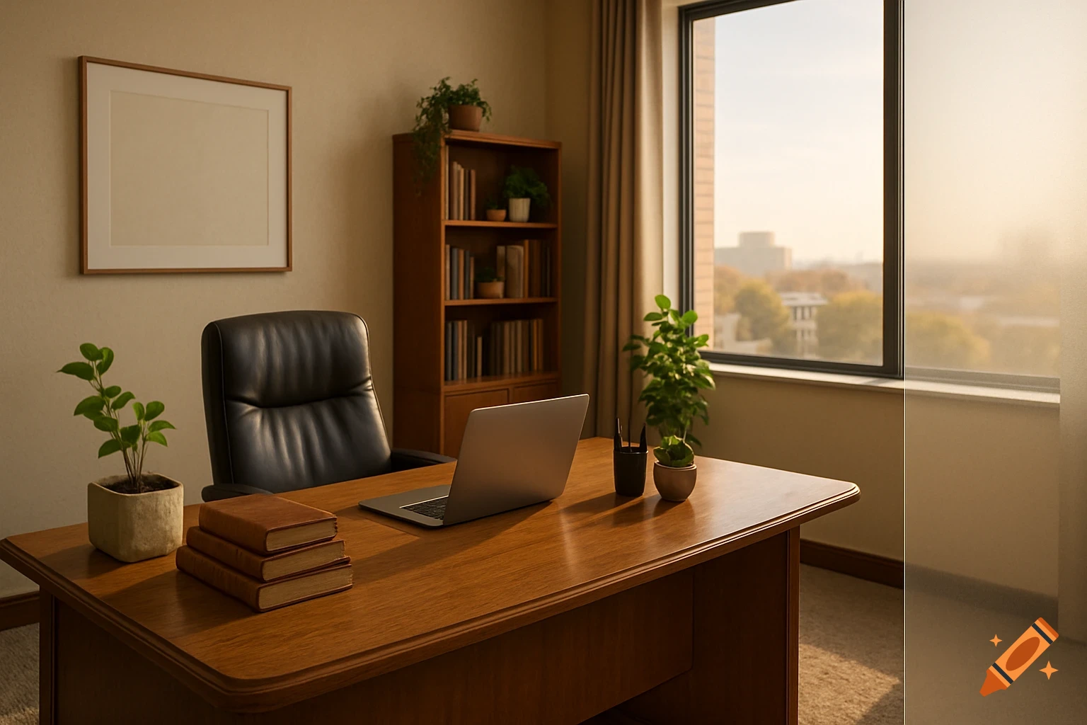 A well-lit office interior with a wooden desk, black chair, laptop, books, and plants. A large window offers a view of a city.