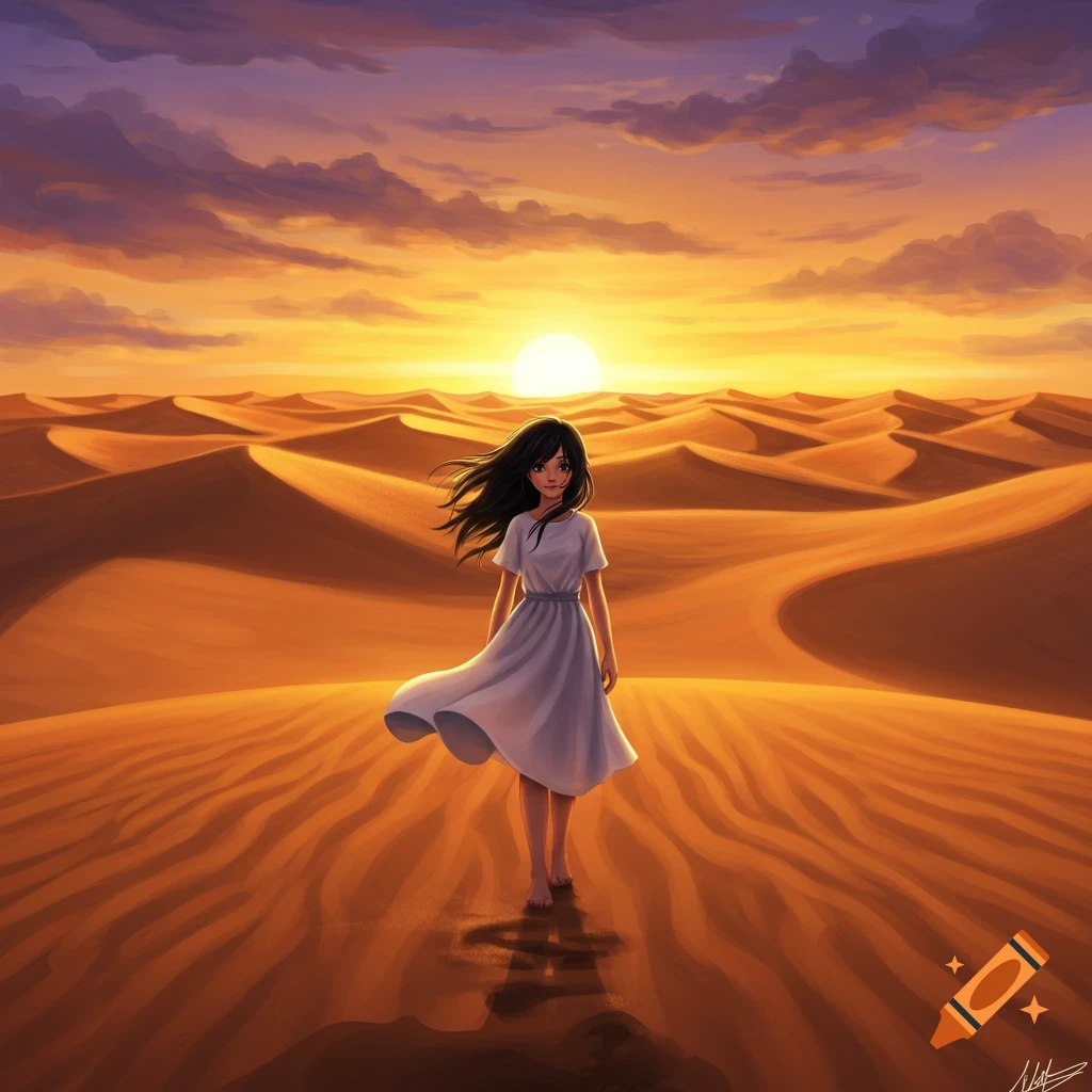 Anime-style illustration of a girl in a white dress standing barefoot on desert dunes at sunset.