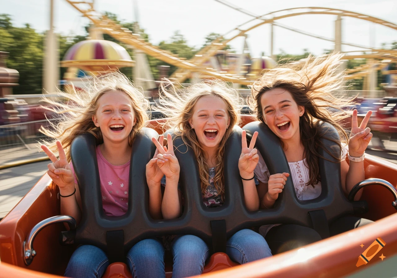 Three smiling girls with wind-blown hair make peace signs on a roller coaster at an amusement park.