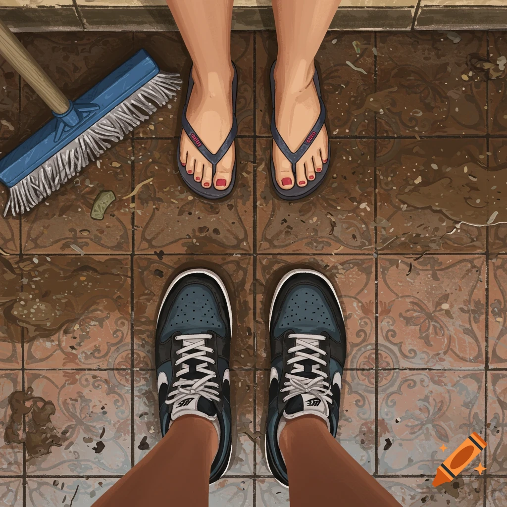 An overhead view of two pairs of feet on a wet, muddy tiled floor with a blue mop nearby. One pair wears flip-flops with red painted toes, the other wears blue and black Nike sneakers.