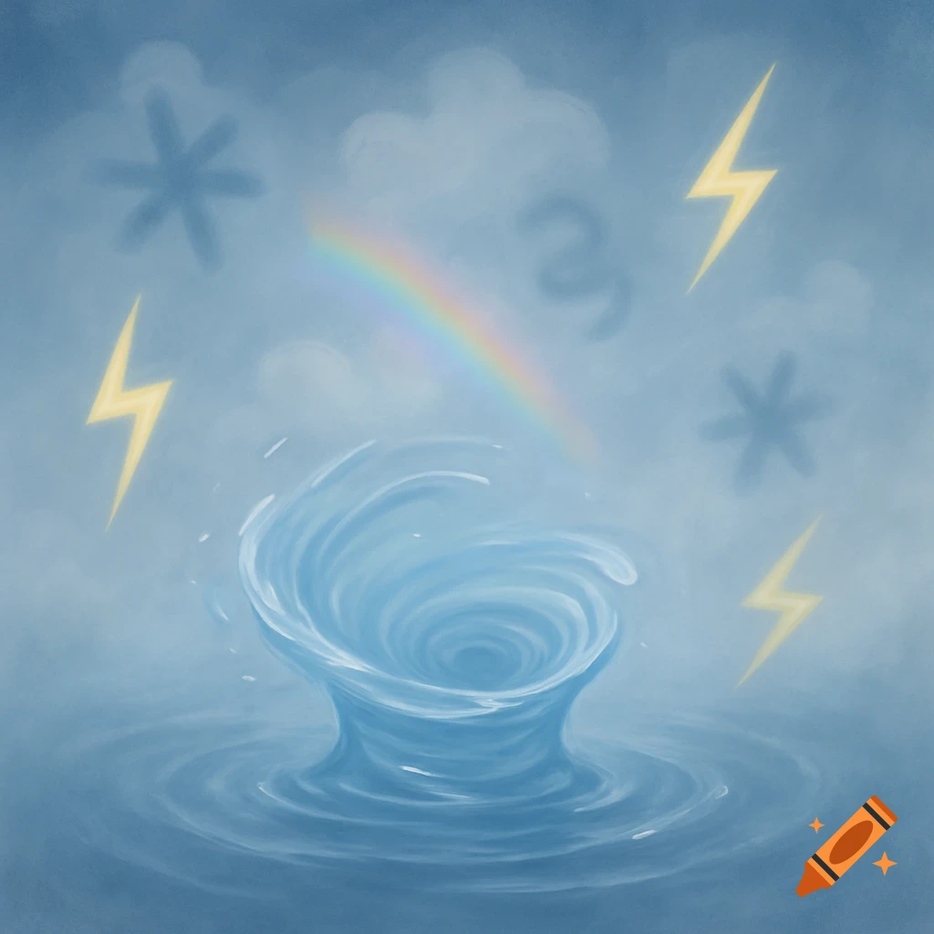 A stylized painting of a blue water vortex in a body of water under a cloudy sky with lightning bolts, a rainbow, and faint symbols.