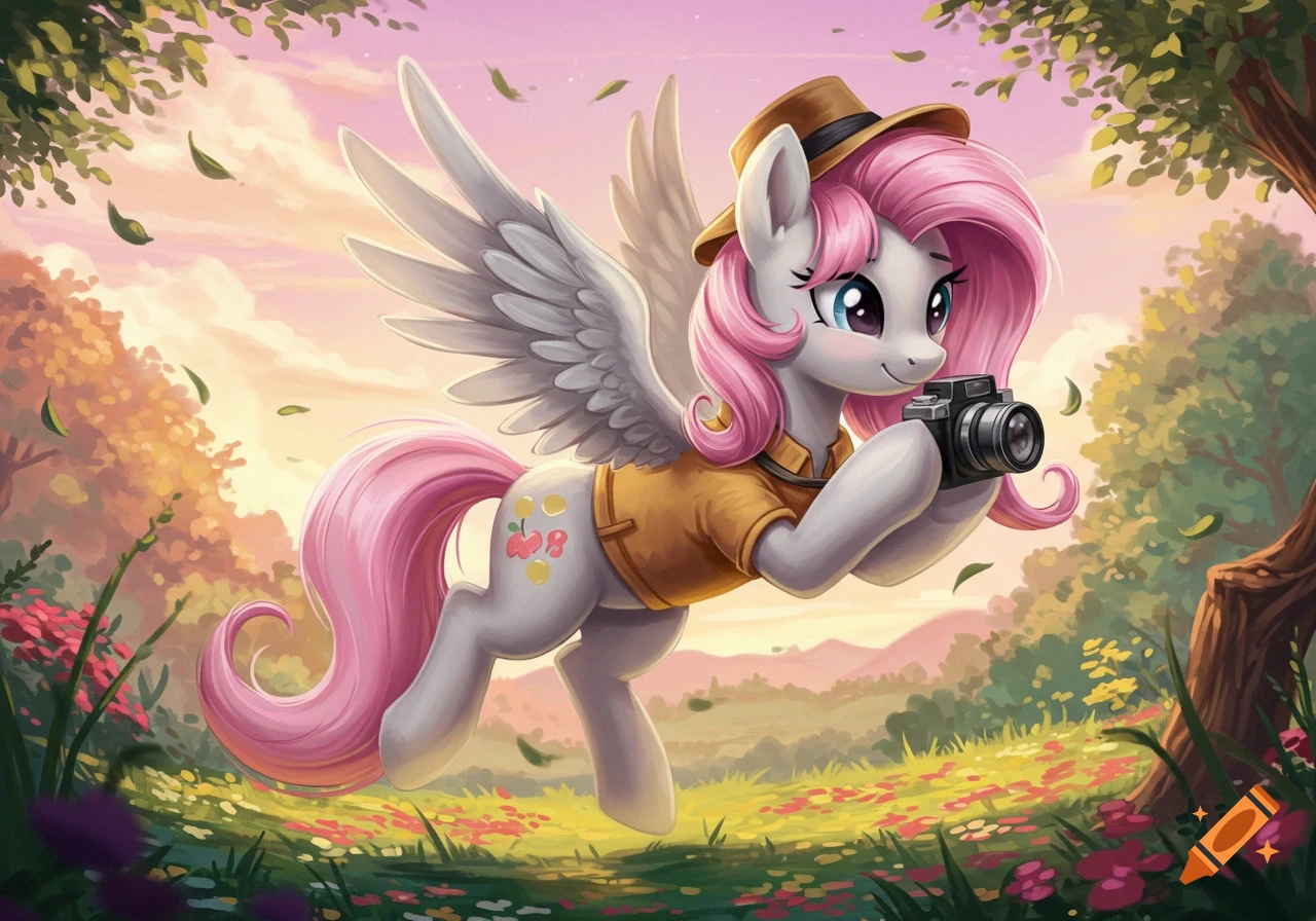 A grey My Little Pony pegasus with pink hair, wearing a hat and shirt, holding a camera in a colorful, sunlit meadow.