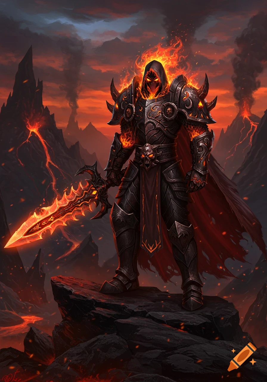 A dark fantasy death knight in flaming armor stands on a rocky outcrop amidst a volcanic landscape with lava flows and smoke.