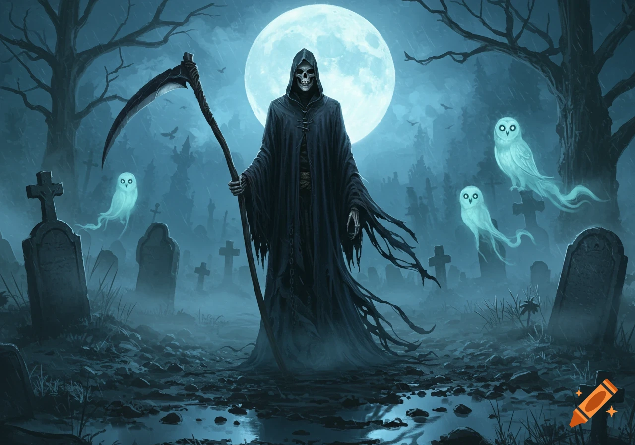 The Grim Reaper with a scythe stands in a foggy graveyard under a bright full moon, with glowing owl spirits flying nearby. Dark fantasy illustration.