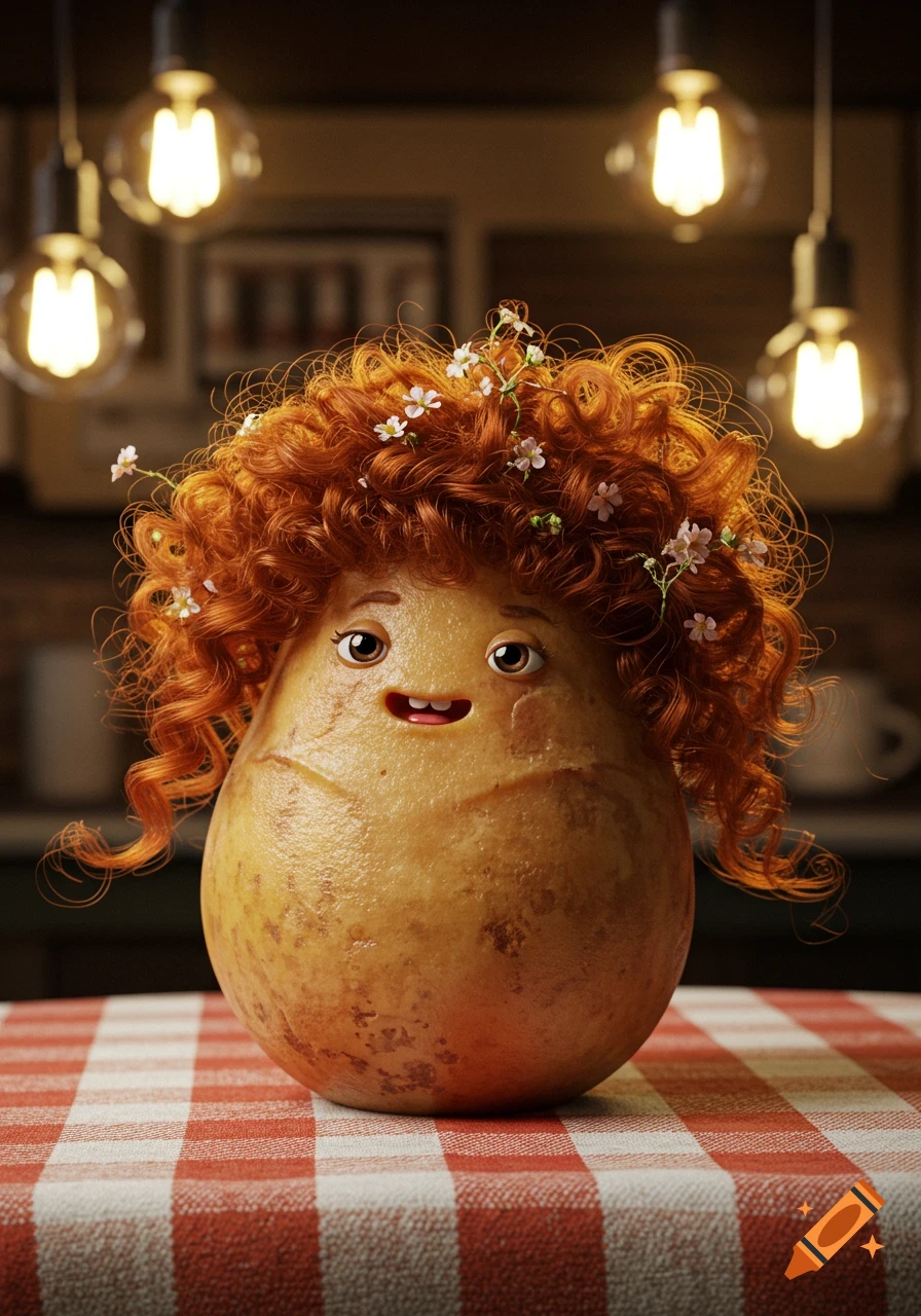 A whimsical photorealistic 3D render of a smiling potato character with curly red hair and flowers, on a checkered tablecloth.