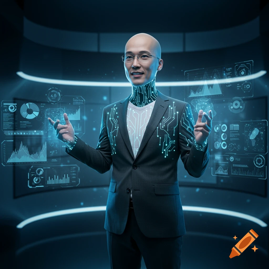 Bald man in a suit with glowing circuit patterns on his neck and chest, gesturing towards interactive holographic data displays in a futuristic, dark blue room.