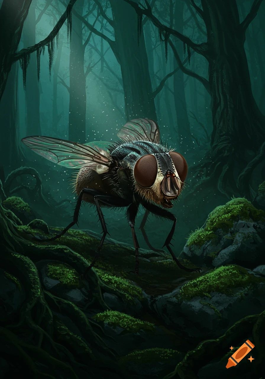 A large, detailed fly with bear-like facial features stands on mossy roots in a dark, mysterious forest.