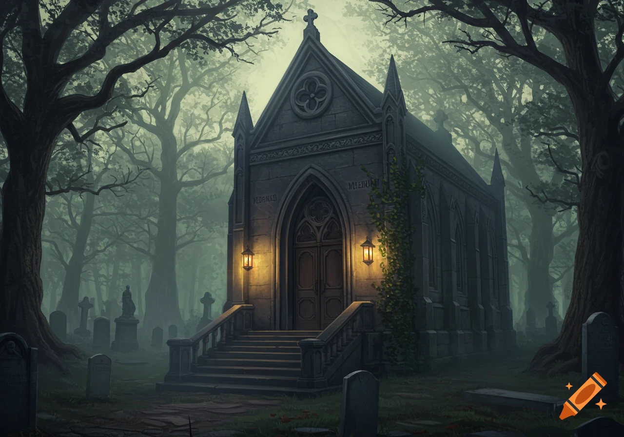 A gothic mausoleum stands in a foggy, eerie graveyard surrounded by ancient trees and gravestones, in a dark fantasy art style.