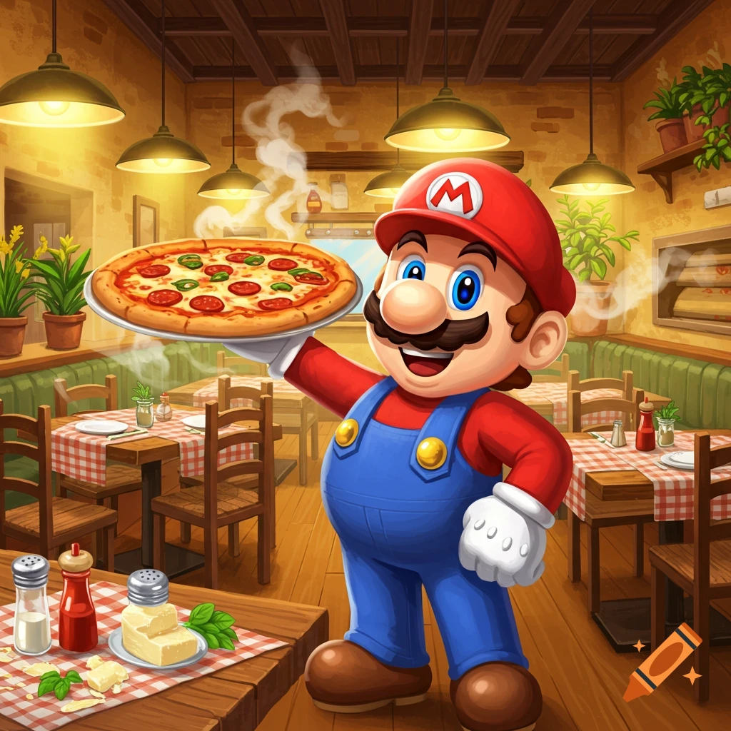 Cartoon Mario, in a vibrant Italian restaurant, happily holds a steaming pepperoni and pepper pizza.