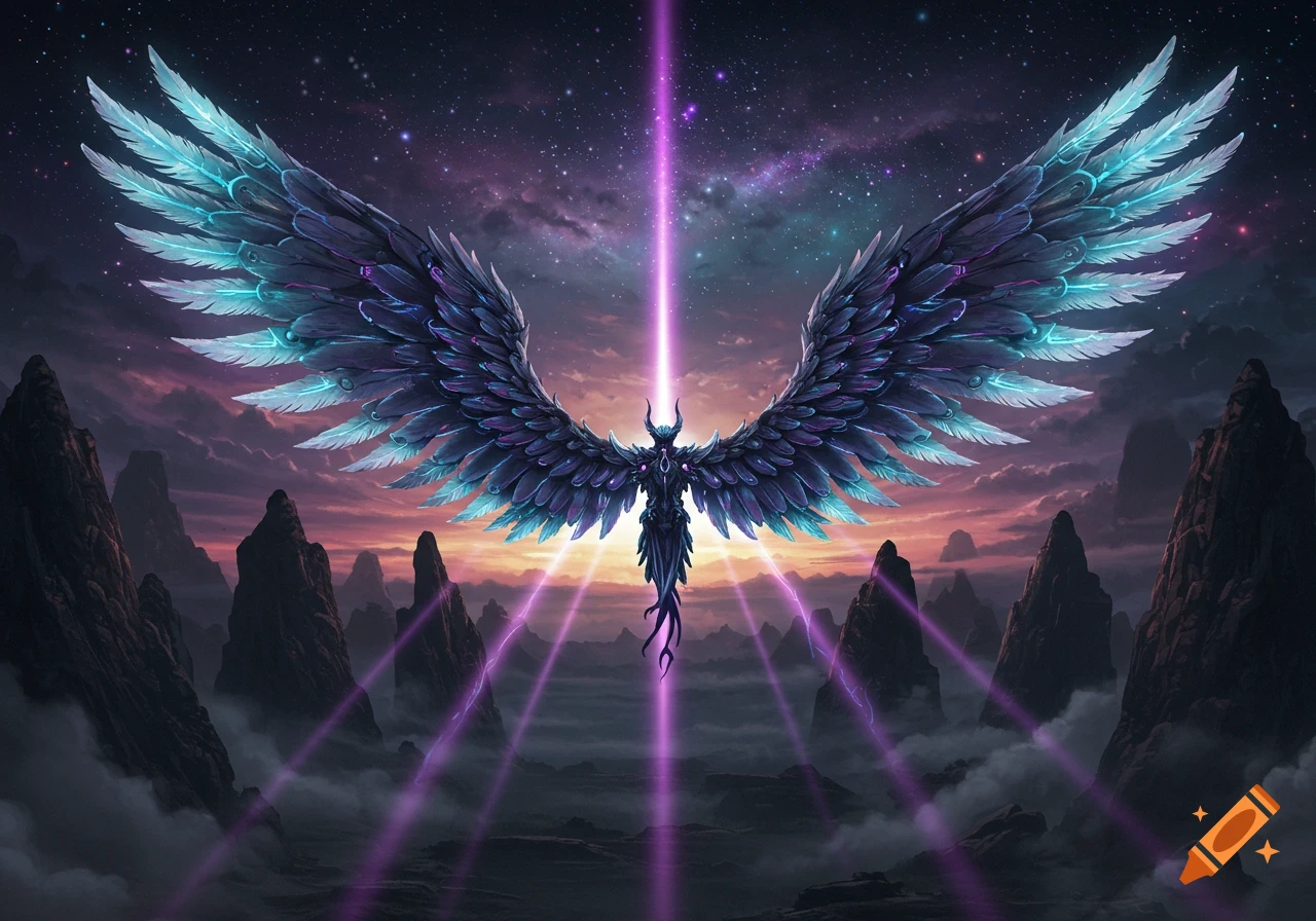Dark fantasy creature with vast, glowing blue and purple wings in a mountainous landscape under a cosmic sky with a purple light beam.