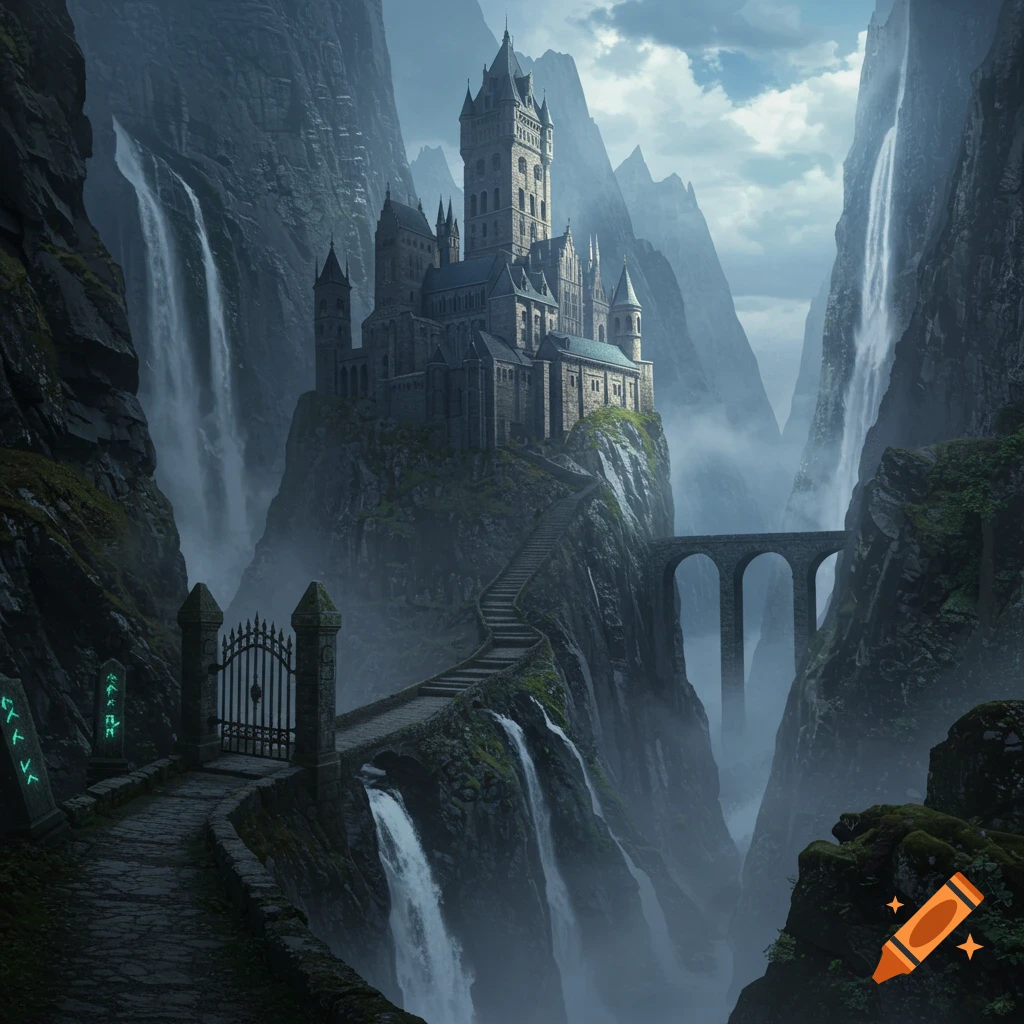 A majestic fantasy castle sits atop a rugged mountain cliff, surrounded by towering peaks and multiple cascading waterfalls, with a stone path and bridge leading to it.