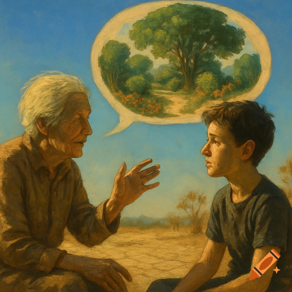 An elderly person talks to a younger person in a dry landscape; a thought bubble above shows a lush green forest in a painterly style.