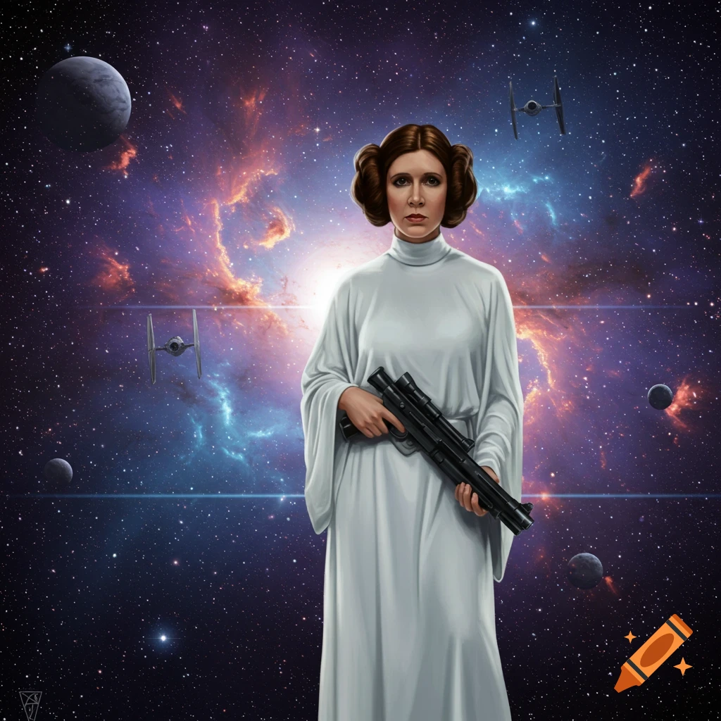 A digital painting of Princess Leia in her white gown, holding a blaster, standing in space with nebulae, planets, and TIE fighters.