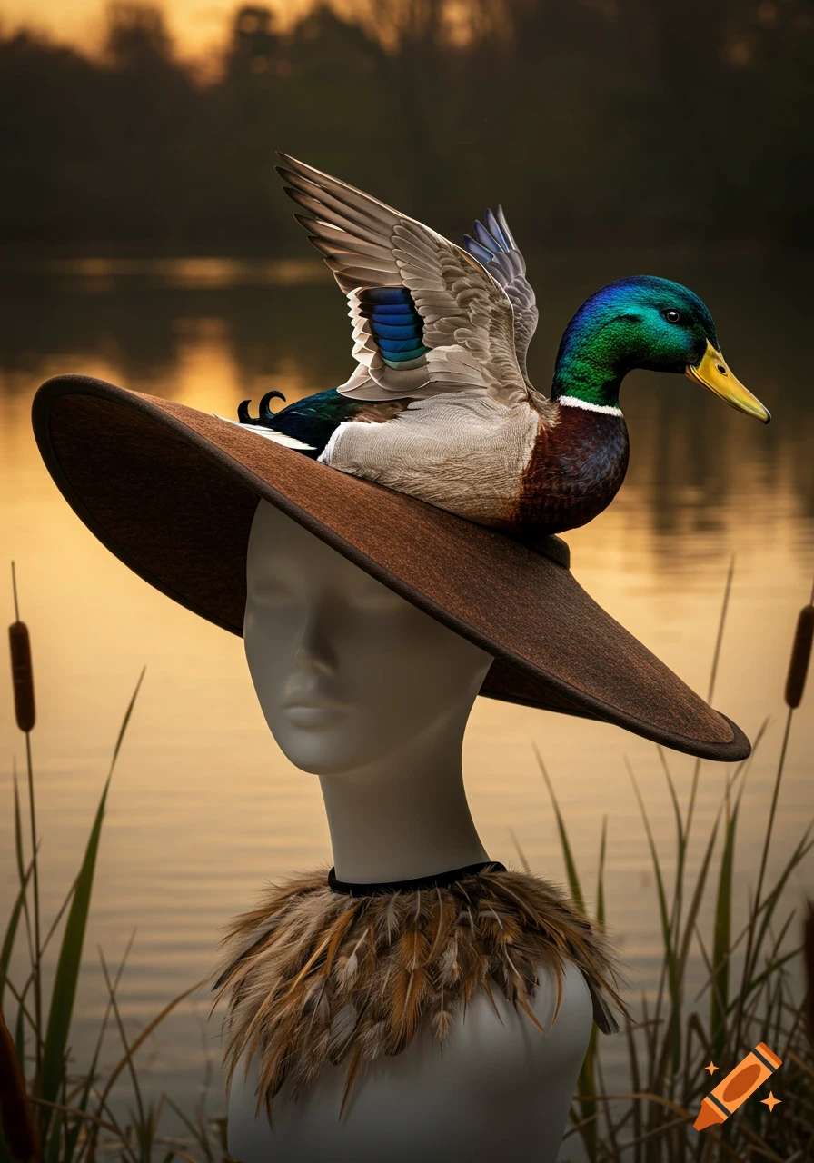 A photorealistic image of a mannequin wearing a wide-brimmed hat with a mallard duck perched on top, by a lake at sunset.