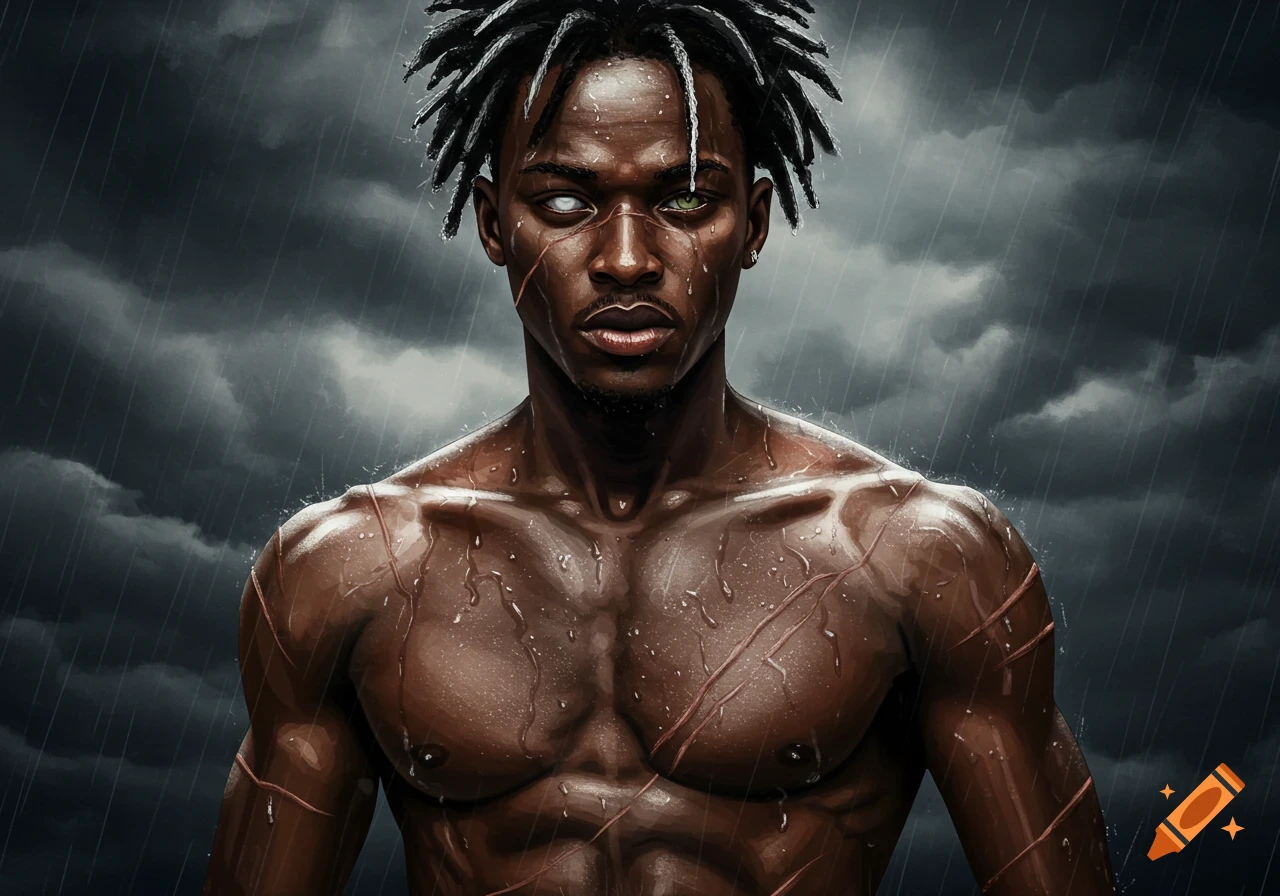 Muscular man with dreadlocks, one white eye and one green eye, scars, and water on his body, stands in the rain against a stormy sky.